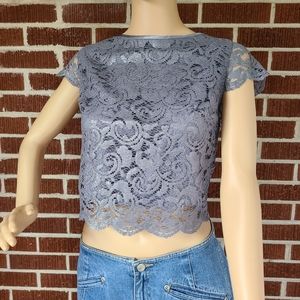 NWT WHBM Gray Lace Crop Back Zip Scallop Short Sl